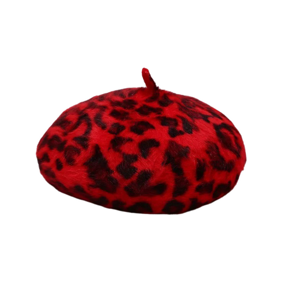 Snow Leopard Red Wool Beret