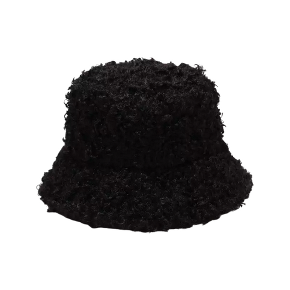 Faux Lambs Wool Bucket Hat in Black