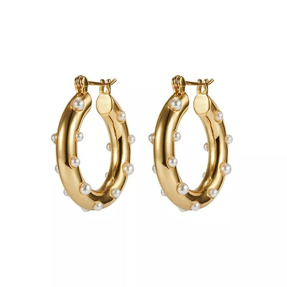 Pearl Studded Gold Hoop Earrings