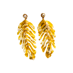 Leaves with Pearl Earrings in Yellow